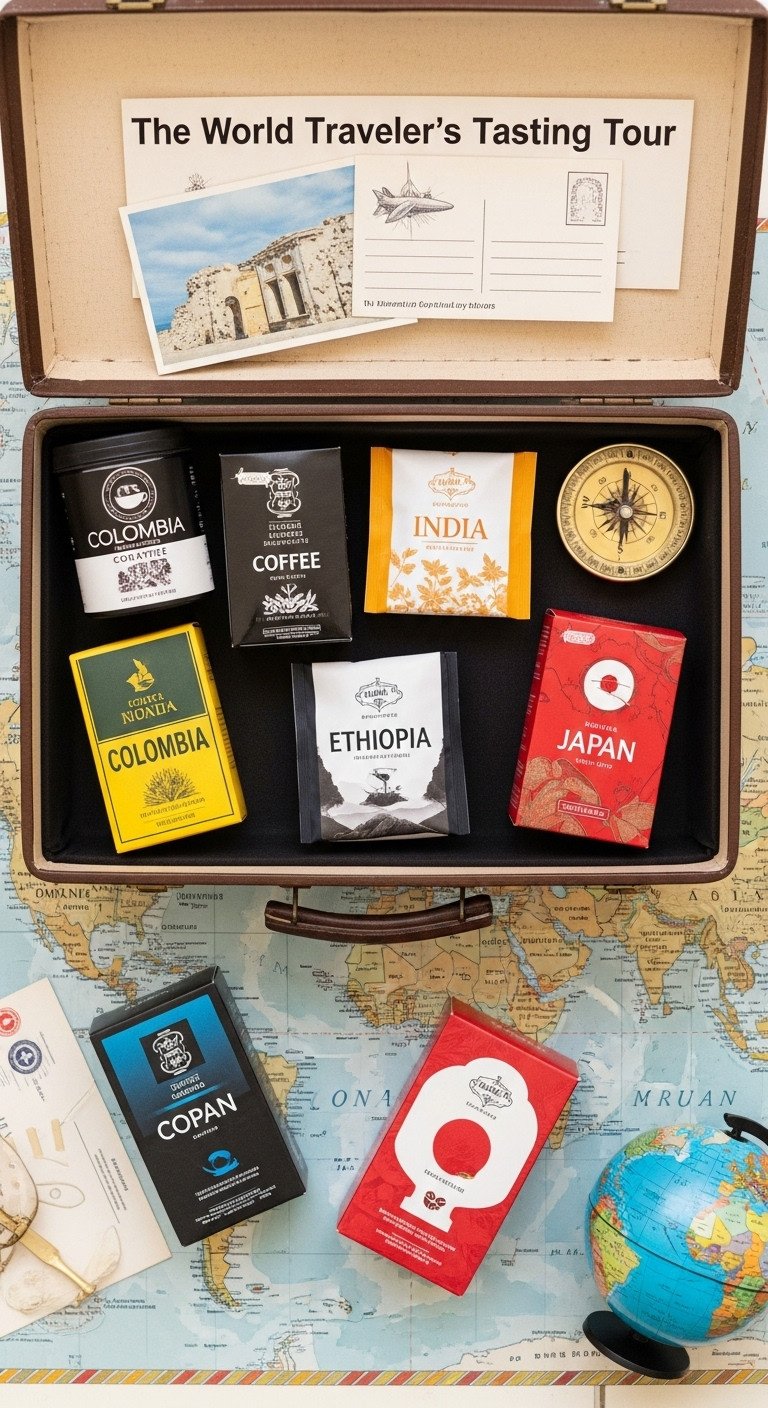 Collection of small coffee and tea samplers from different countries arranged on a world map with travel themed props