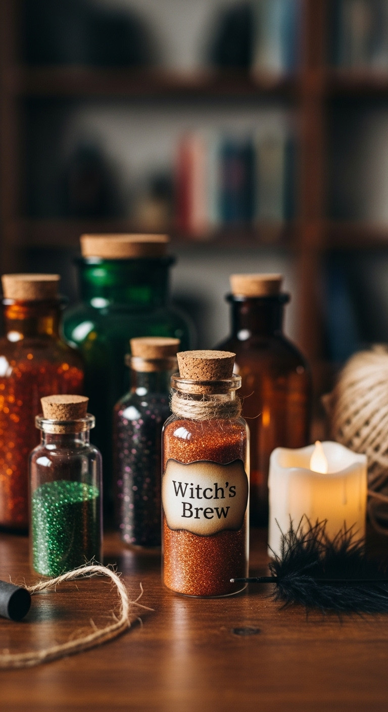 Collection of vintage apothecary bottles filled with colored liquids and glitter for spooky Halloween decor