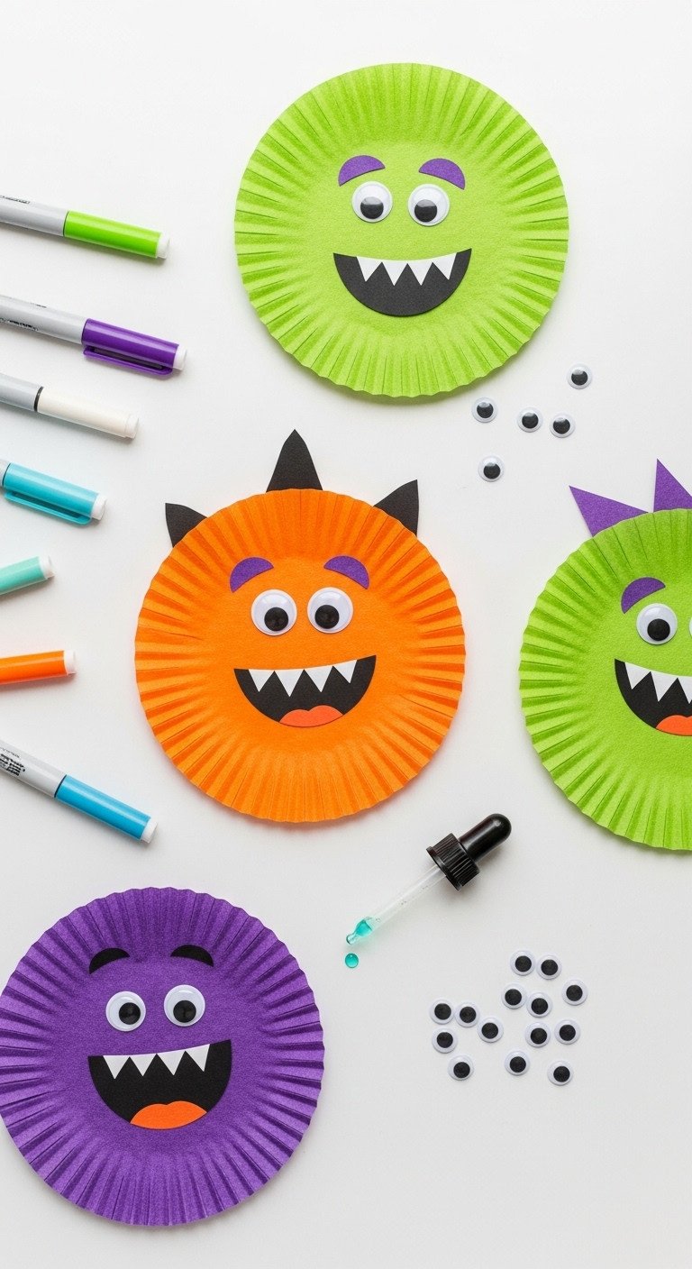 Colorful coffee filter monsters with googly eyes on a white craft table with markers and googly eyes