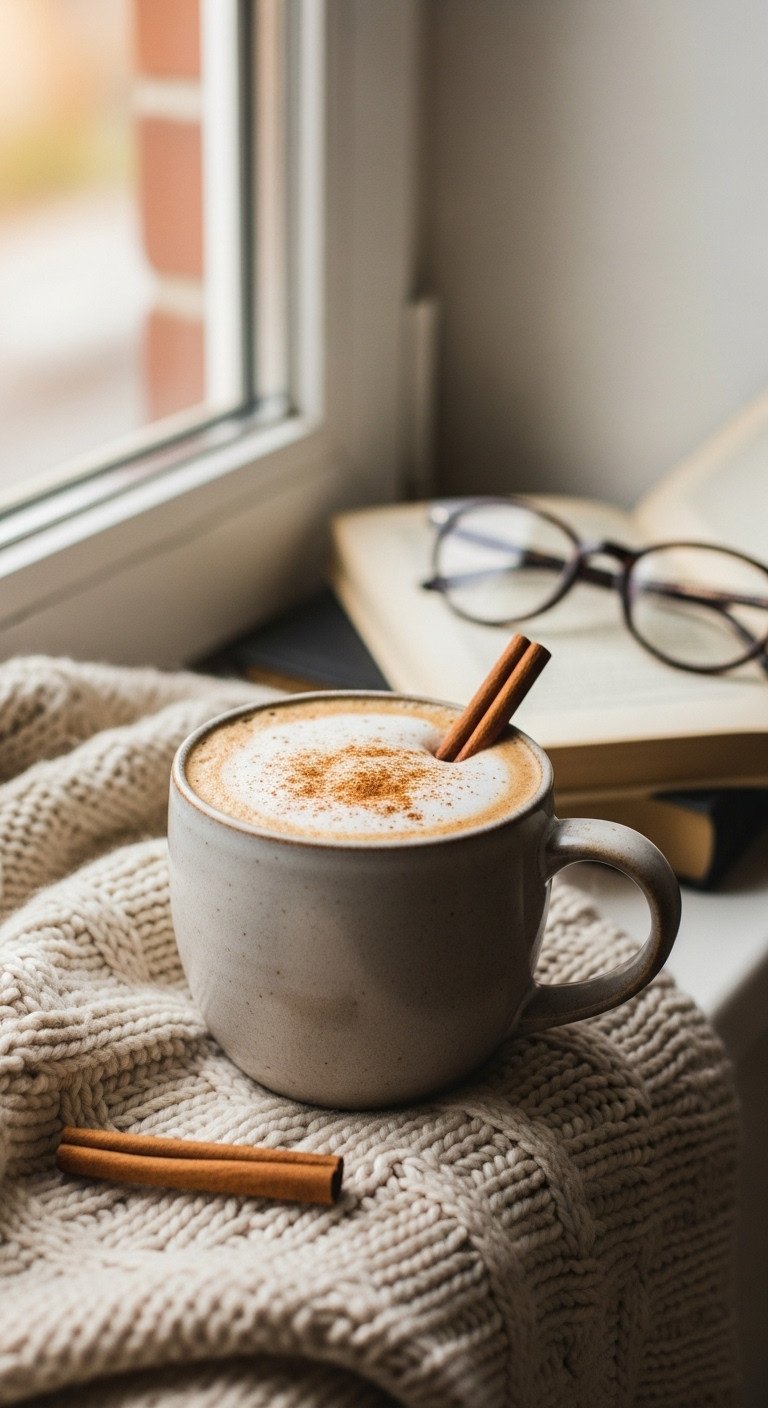 Comforting Cinnamon Spice Latte in an oversized mug with frothed milk and a cinnamon stick on a knit blanket on a windowsill