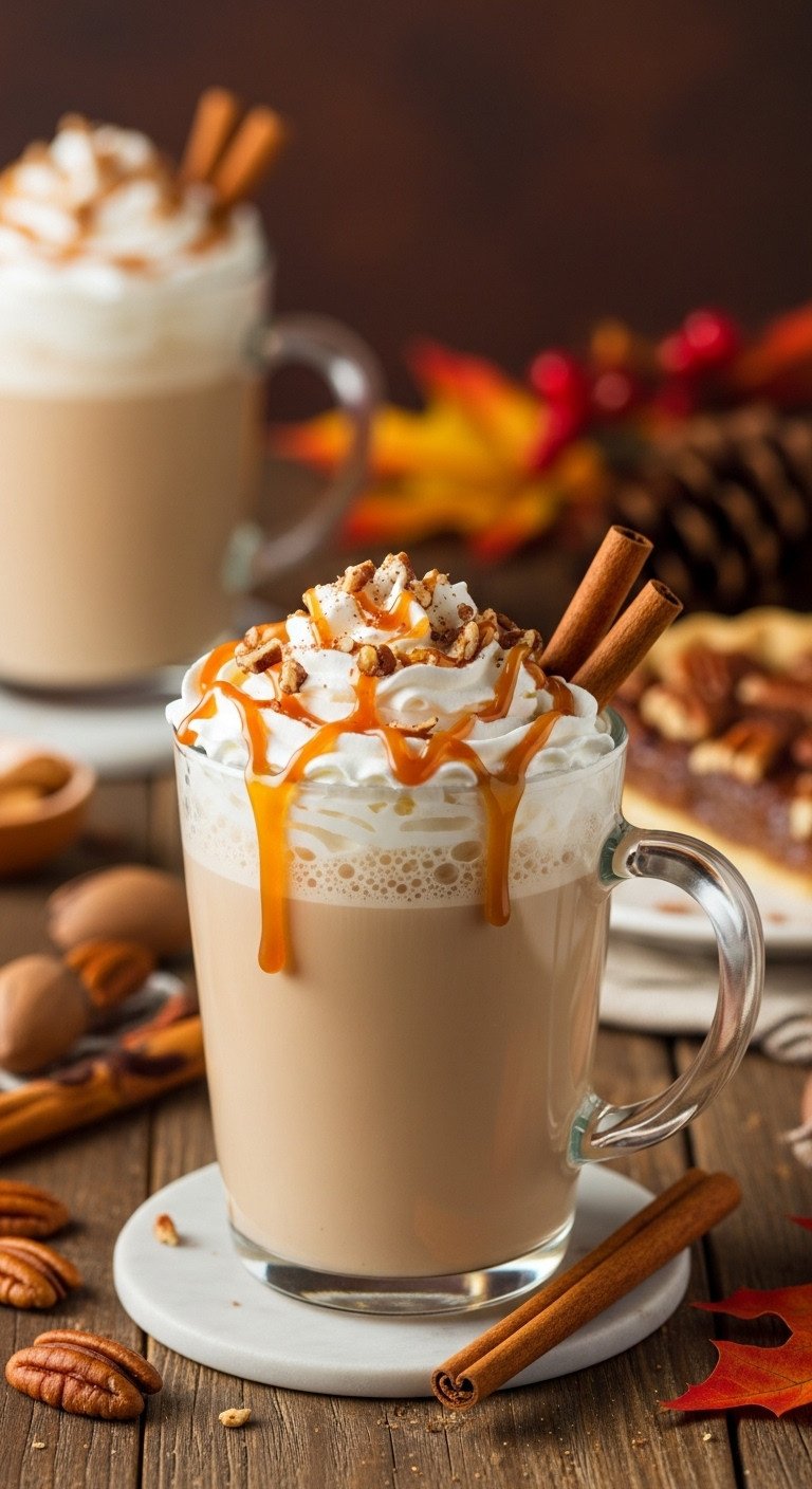Comforting Pecan Pie Latte with whipped cream caramel and toasted pecans on a rustic wooden table with autumn leaves and holiday decor