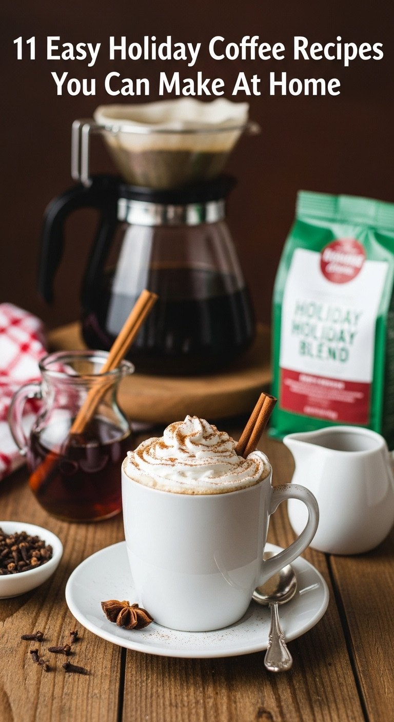 Comforting holiday spiced coffee with whipped cream and a cinnamon stick in a mug on a rustic table