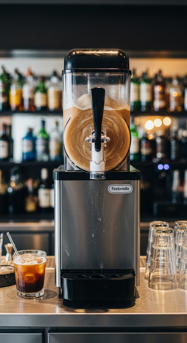 Commercial slushy machine swirling creamy frozen Irish coffee on a stainless steel countertop in a blurred bar setting with empty glasses