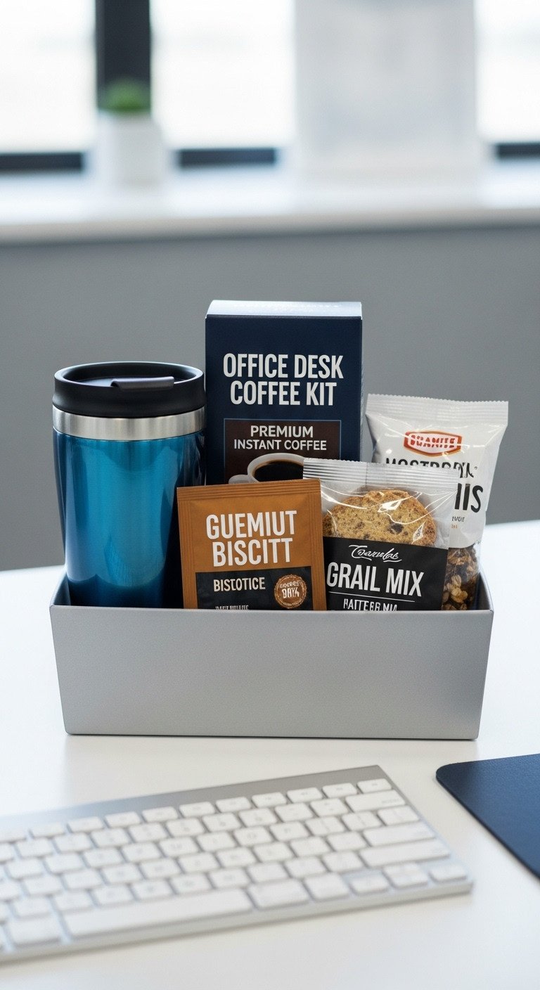 Compact office desk coffee kit with insulated travel mug instant coffee biscotti and trail mix on a modern desk