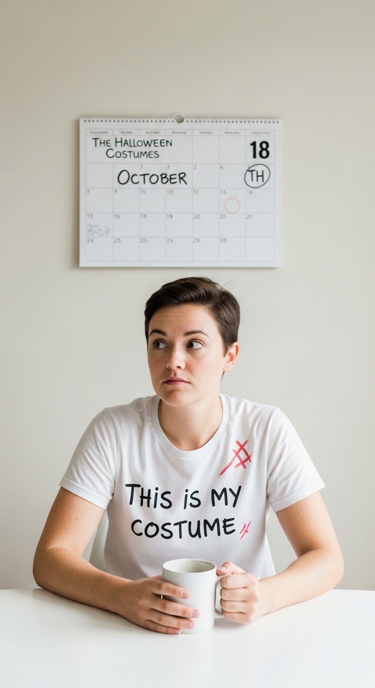 Confused person in "This is my costume" t-shirt holding coffee mug with October 18th calendar date on wall behind them
