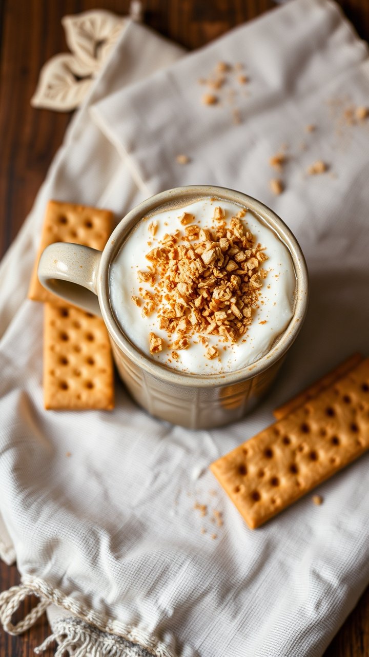 9 Cozy Pumpkin Coffee Fall Recipes Beyond Starbucks Lattes 13 Copycat Toasted Graham Latte in a stoneware mug with frothed milk graham cracker crumbs and whole graham crackers on a linen tablecloth
