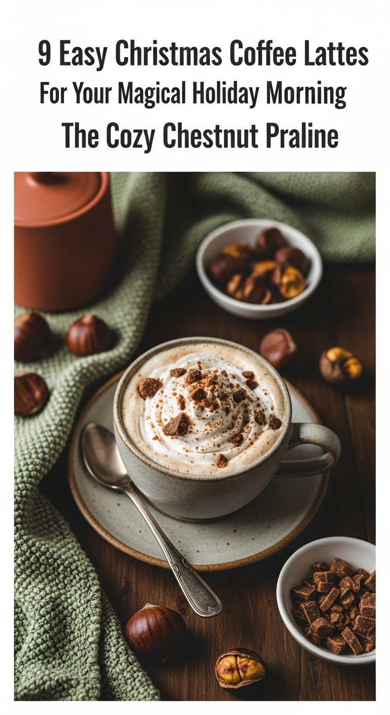 Cozy Chestnut Praline Latte with whipped cream and praline crumbles in an earthenware mug on a dark wooden table with a wool throw