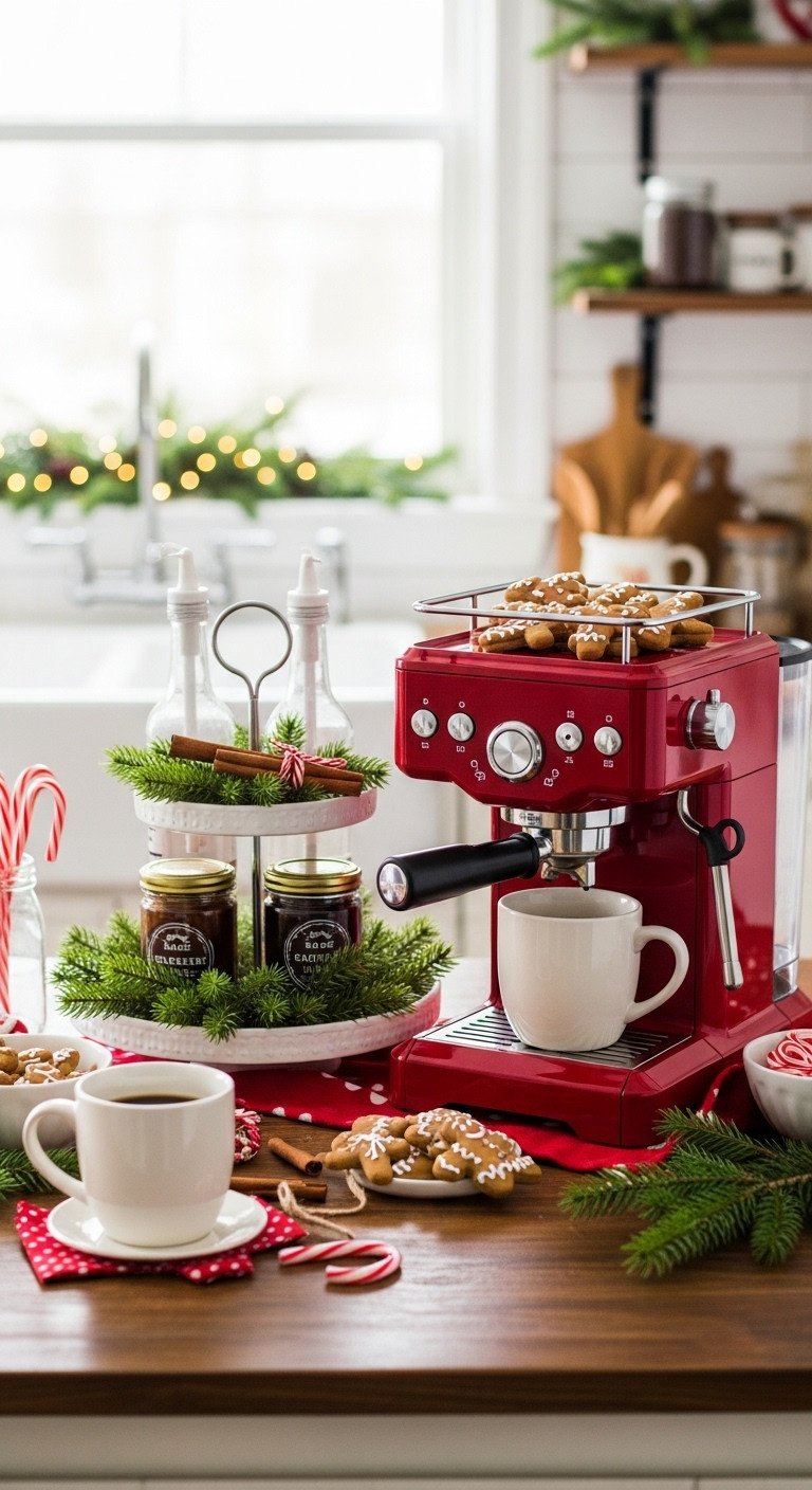 Cozy Christmas coffee bar in a home kitchen with a red espresso machine tiered tray holiday syrups and gingerbread cookies