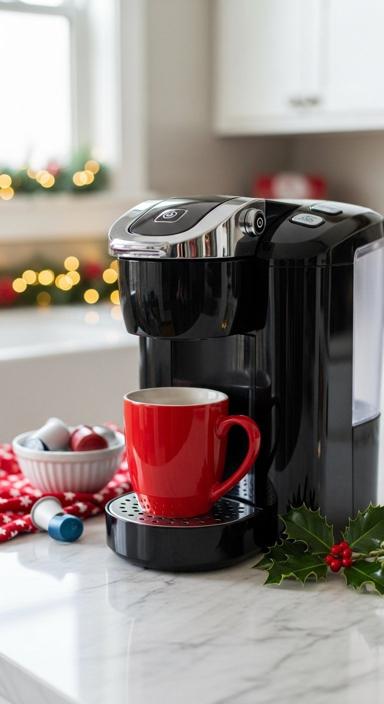 Cozy Christmas coffee bar with a sleek black and chrome single-serve coffee maker and a festive red mug on a marble countertop