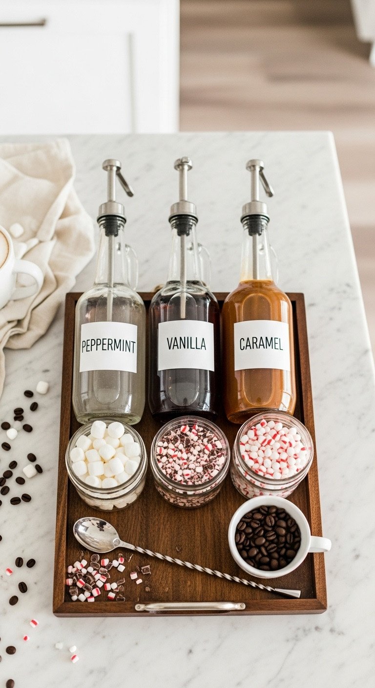 Cozy Christmas coffee nook with a DIY syrup and toppings bar featuring glass dispensers marshmallows and crushed peppermint on a dark wood tray