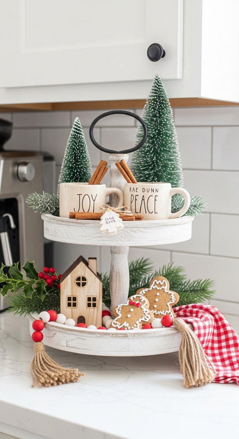 Cozy Christmas coffee nook with a farmhouse tiered tray displaying Rae Dunn mugs frosted tree cinnamon sticks and gingerbread cookies