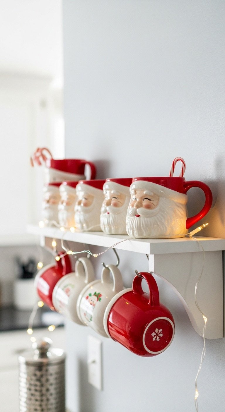 Cozy Christmas coffee nook with a festive mug display of vintage Santa Claus mugs on a white floating shelf with fairy lights