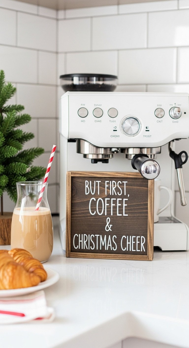 Cozy Christmas coffee nook with charming holiday signage reading But First Coffee and Christmas Cheer behind a white espresso machine