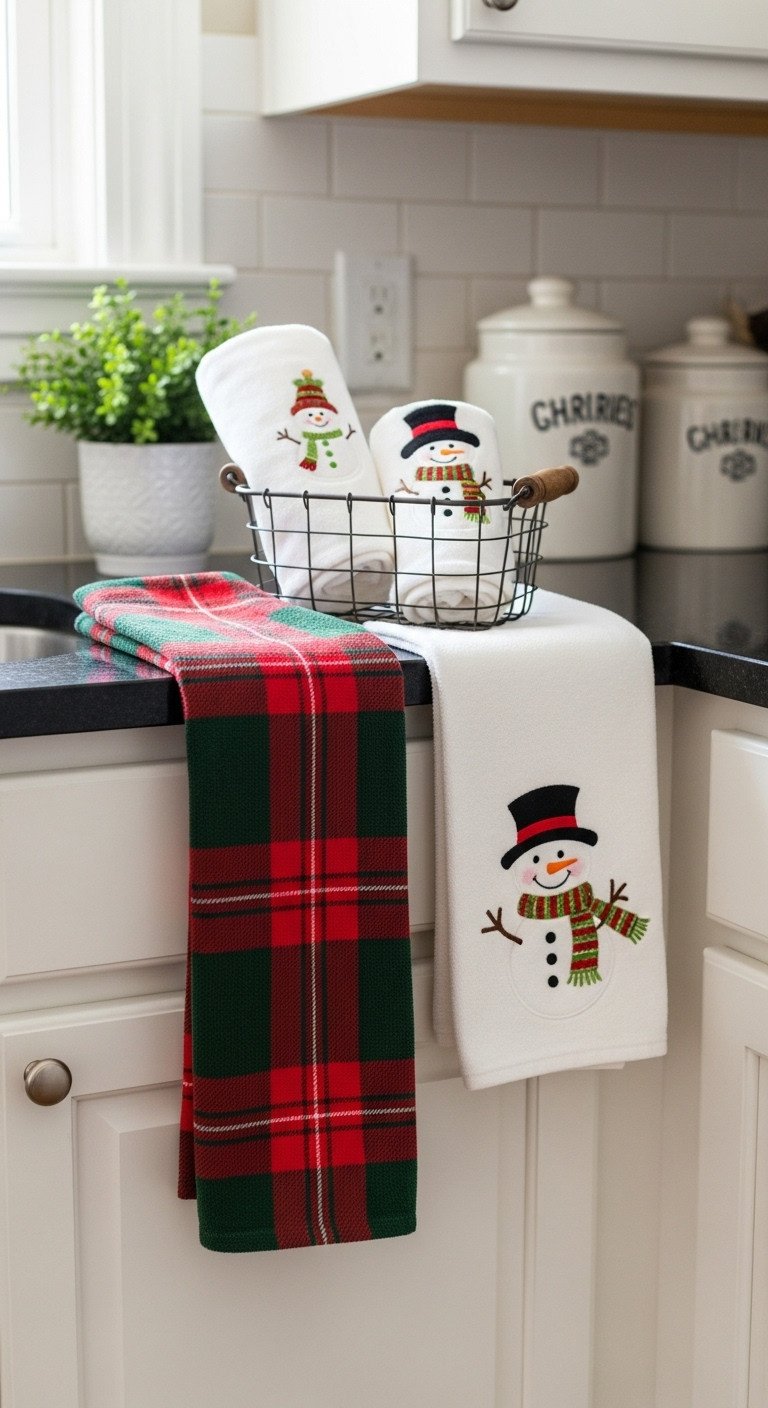 Cozy Christmas coffee nook with festive linens including a red and green plaid tea towel and an embroidered snowman towel in a wire basket