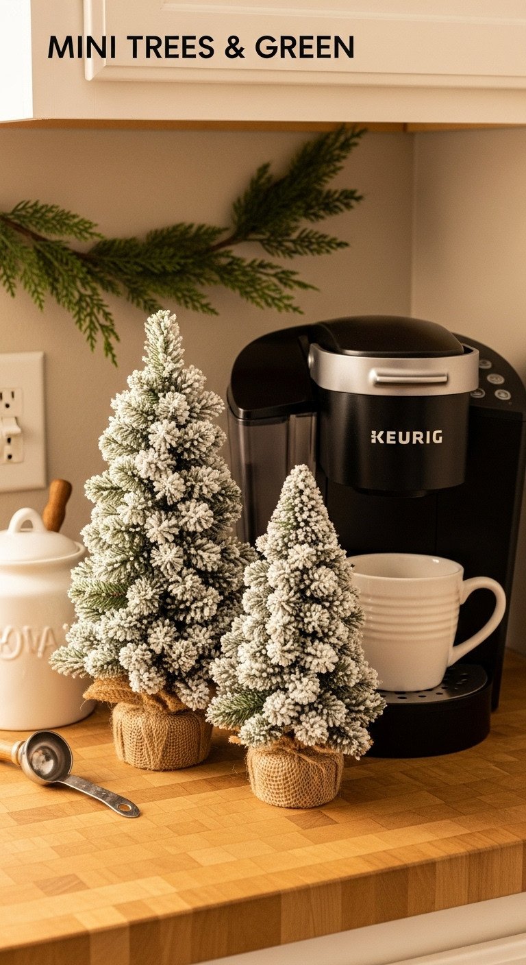 Cozy Christmas coffee nook with flocked mini trees faux cedar garland and a Keurig machine on a butcher block countertop