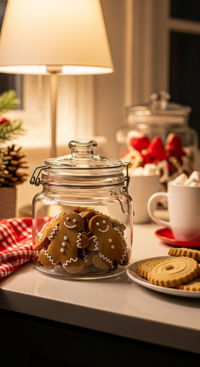 Cozy Christmas coffee nook with holiday treats and snacks featuring a glass cookie jar filled with gingerbread men and shortbread