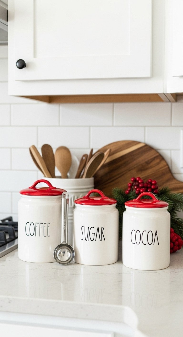 Cozy Christmas coffee nook with themed Rae Dunn style canisters labeled COFFEE SUGAR COCOA on a light-colored countertop