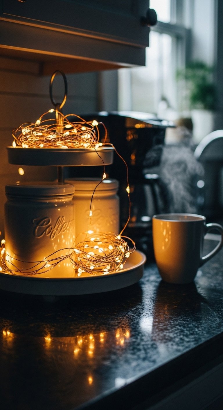 Cozy Christmas coffee nook with warm fairy lights woven around a tiered tray and canisters on a dark granite countertop
