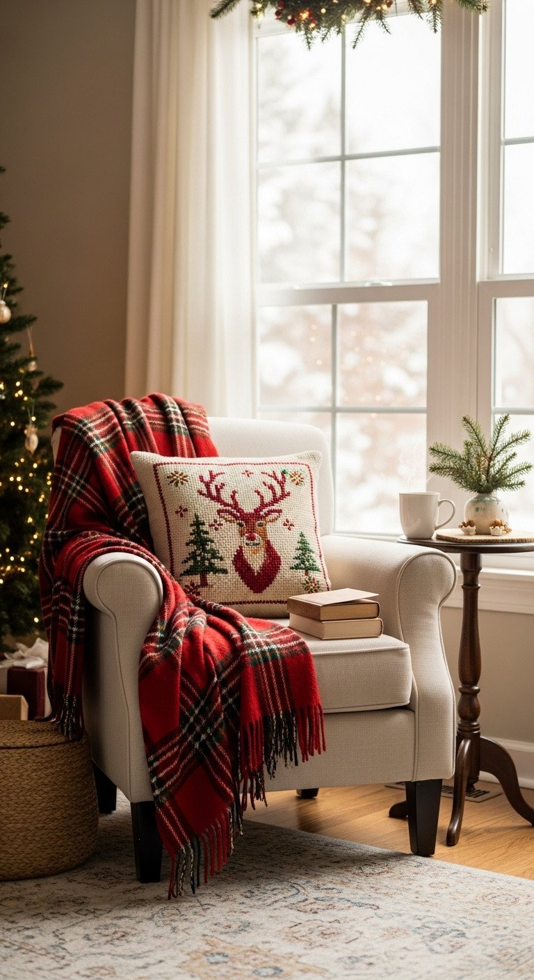 Cozy Christmas coffee shop aesthetic at home with a festive armchair red plaid blanket and steaming coffee by a window