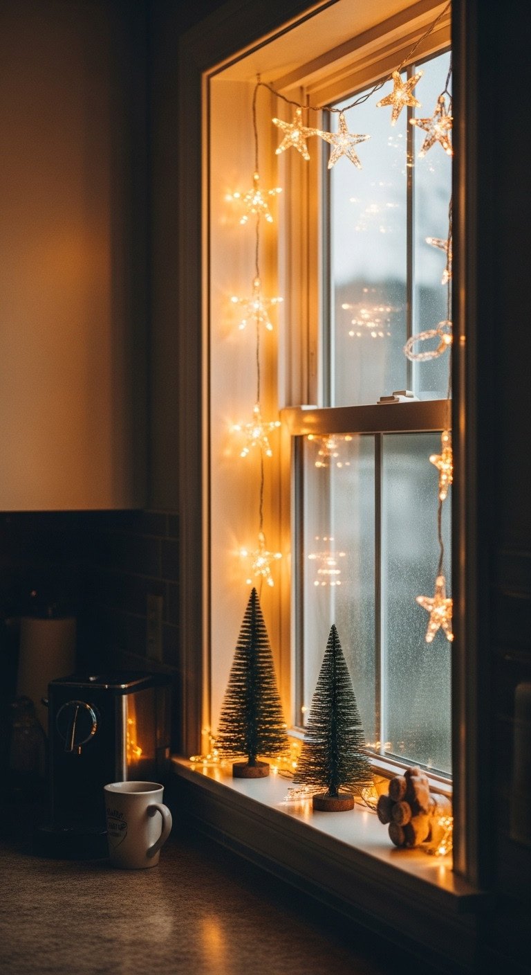 Cozy Christmas coffee shop aesthetic at home with warm white fairy lights draped around a kitchen window frame at dusk