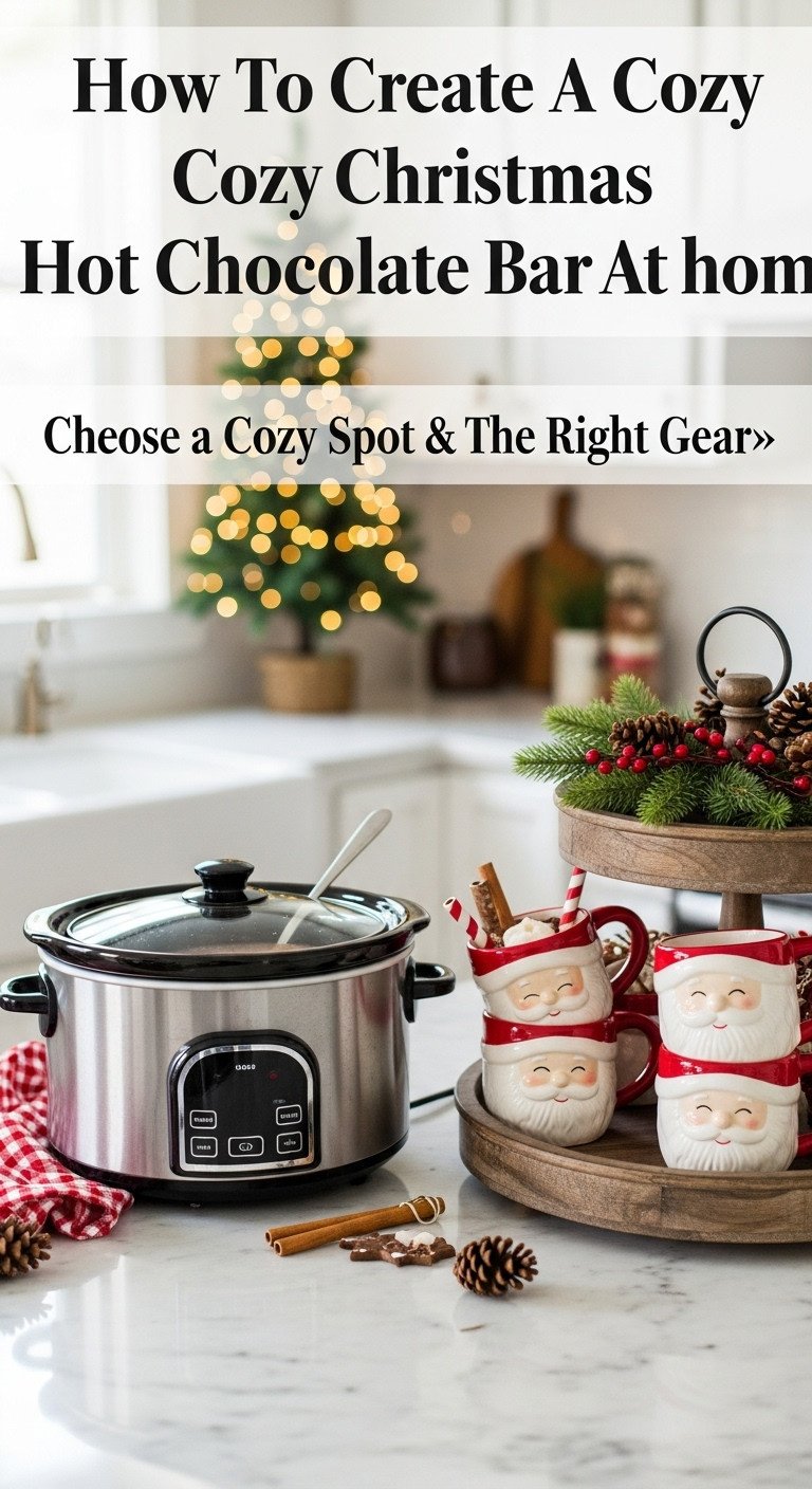 Cozy Christmas hot chocolate bar setup with slow cooker festive mugs and tiered tray on a marble countertop with blurred Christmas kitchen background