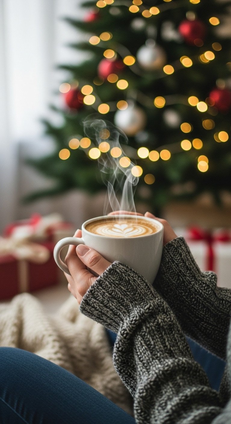 Cozy Christmas morning scene with hands holding a steaming coffee mug in a knit sweater, blurred Christmas tree lights.