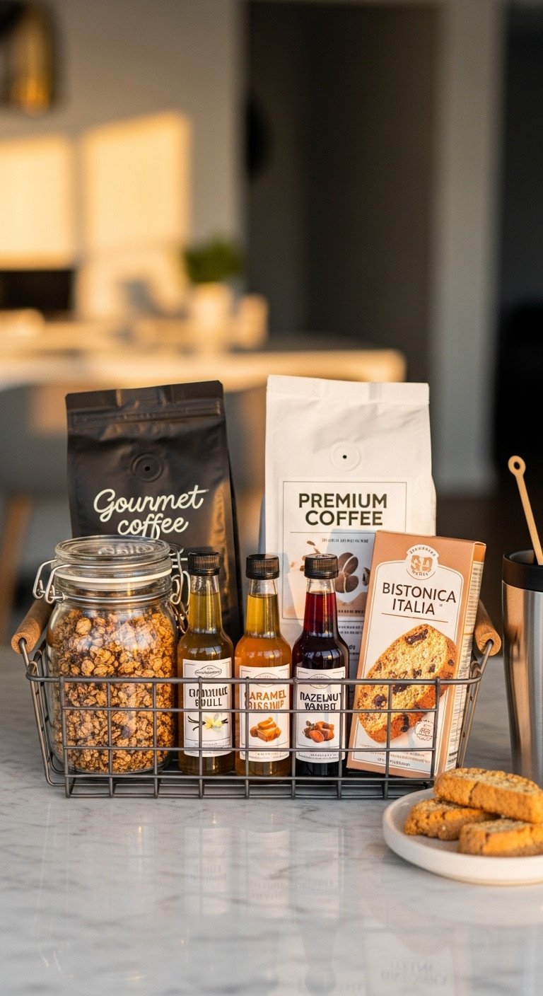 Cozy Coffee Break Indulgence Basket with gourmet coffee flavored syrups handmade granola and Italian biscotti in wire basket
