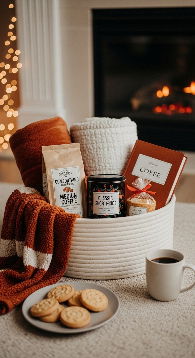 Cozy Comfort Basket with plush blanket medium roast coffee shortbread candle and book in a soft basket on a fluffy area rug