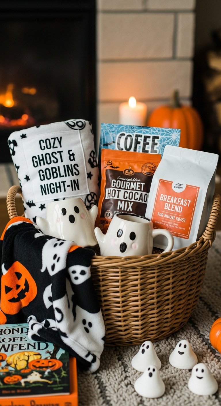 Cozy Ghost and Goblins Night-In Halloween coffee gift basket with blanket, ghost mug, hot cocoa, and coffee