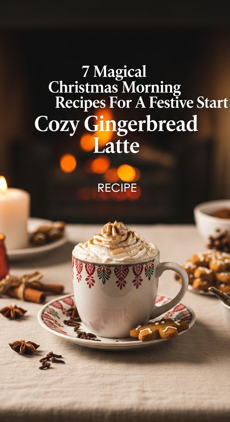 Cozy Gingerbread Latte in a festive ceramic mug with whipped cream cinnamon and gingerbread cookie by a blurred fireplace