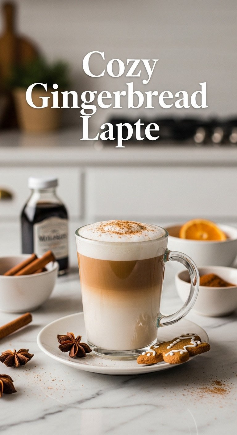 Cozy Gingerbread Latte with foam cinnamon and gingerbread cookie on marble countertop with blurred kitchen background