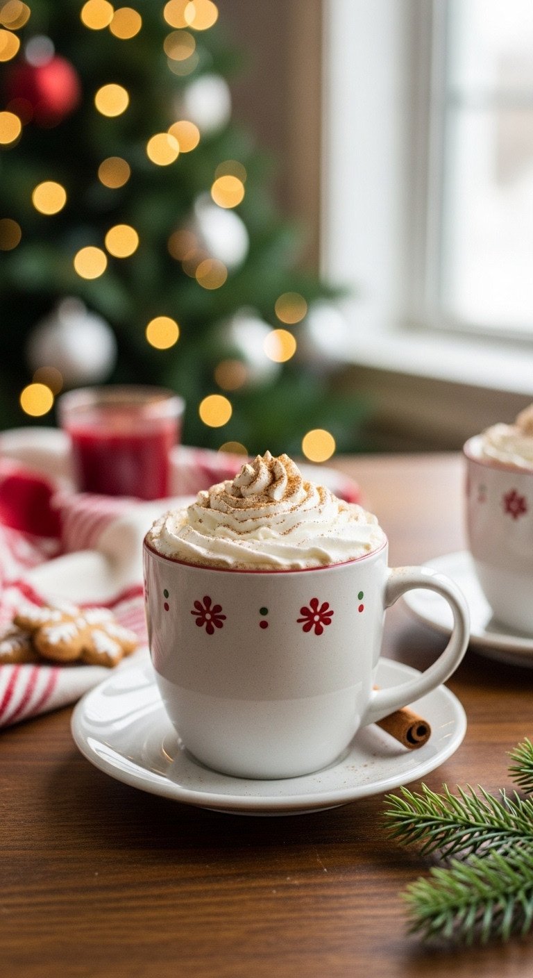 Cozy Gingerbread Latte with whipped cream and cinnamon in a festive mug on a rustic table with a blurred Christmas tree and cookies