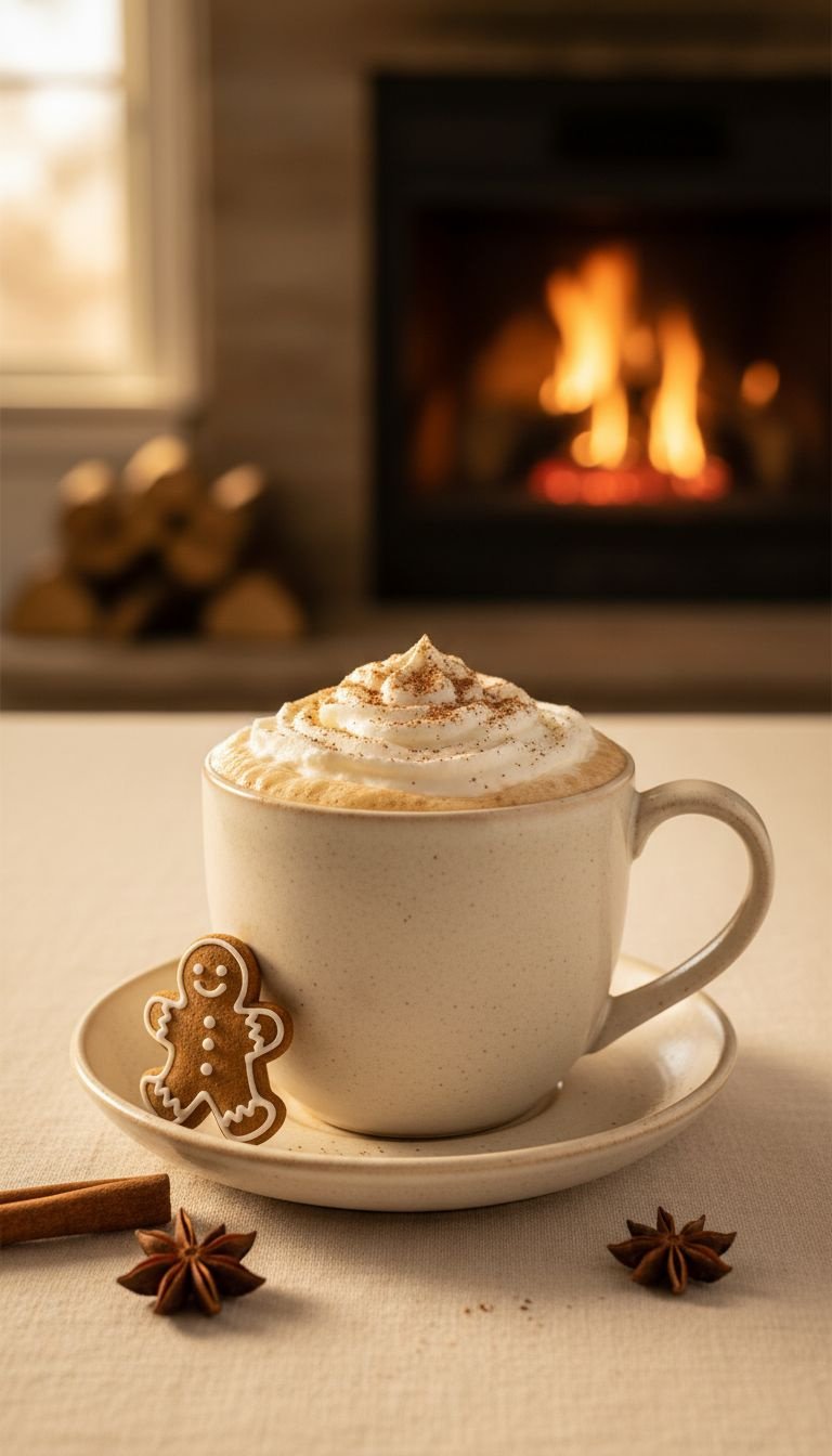 Cozy Gingerbread Latte with whipped cream nutmeg and gingerbread cookie on a linen tablecloth with a blurred fireplace background