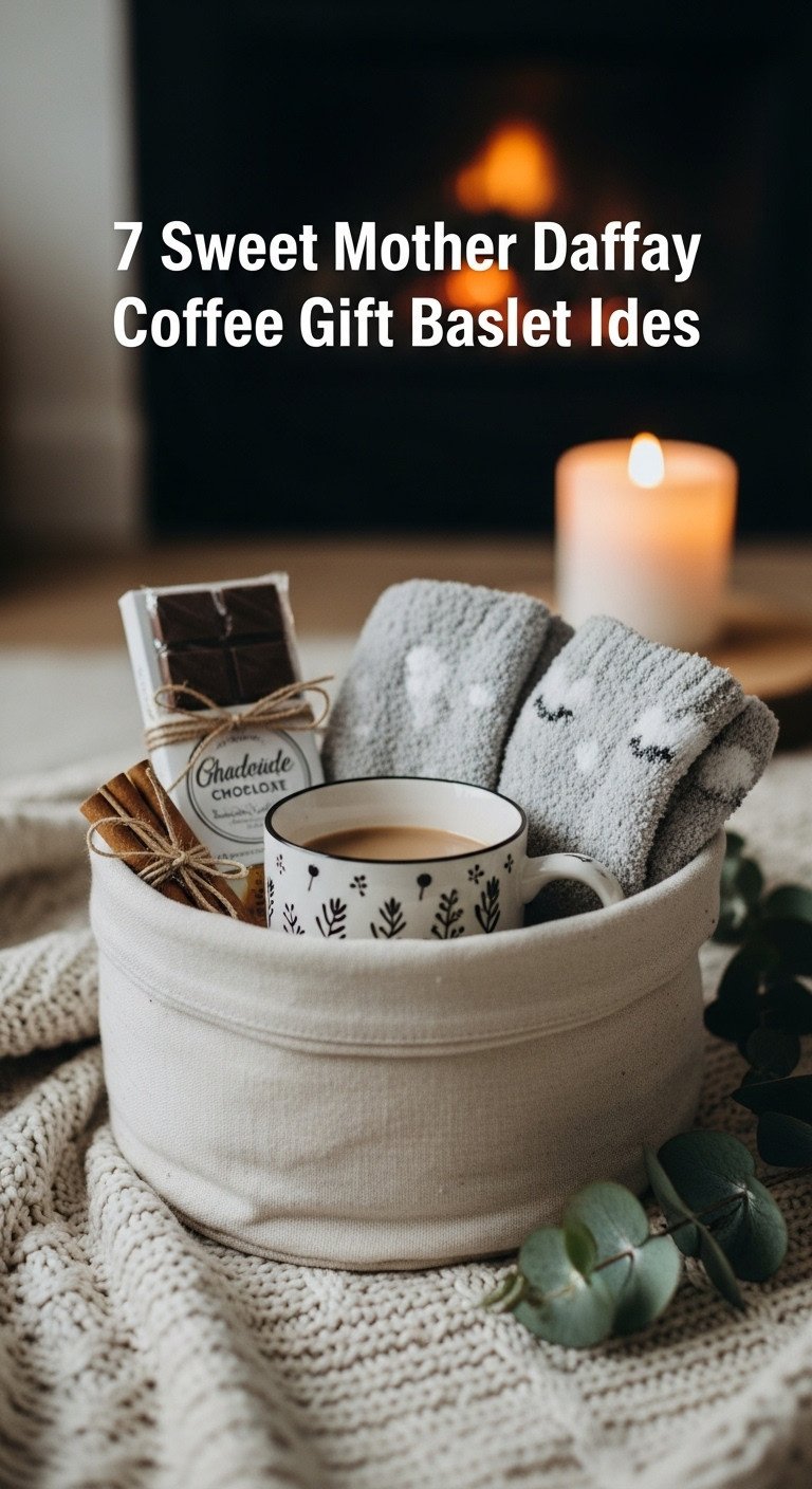 Cozy Hygge coffee Mother's Day gift basket with chenille socks hand-painted mug chocolate bar and honey sticks on a knitted blanket