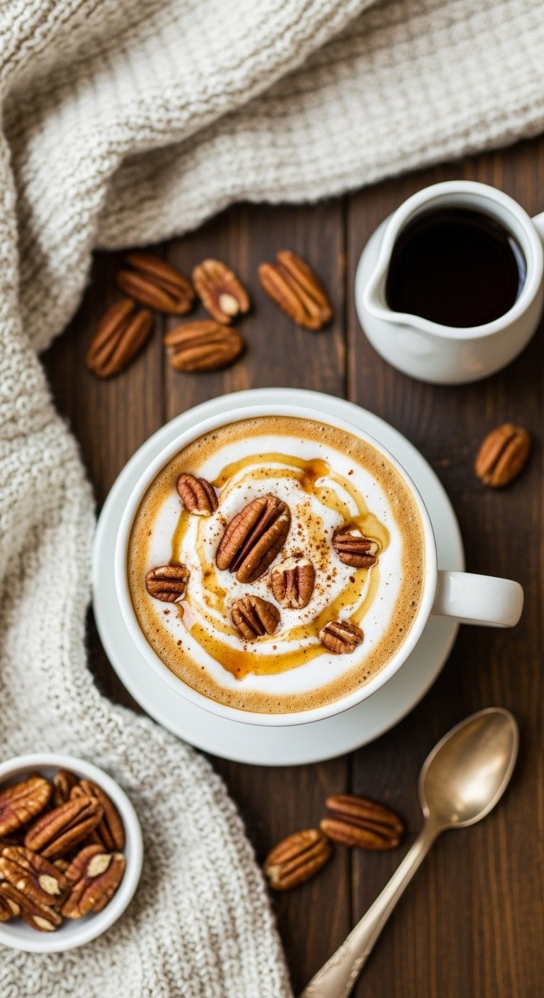 Cozy Maple Pecan Macchiato in a white mug with milk foam maple syrup and pecans on a rustic table with a knitted sweater
