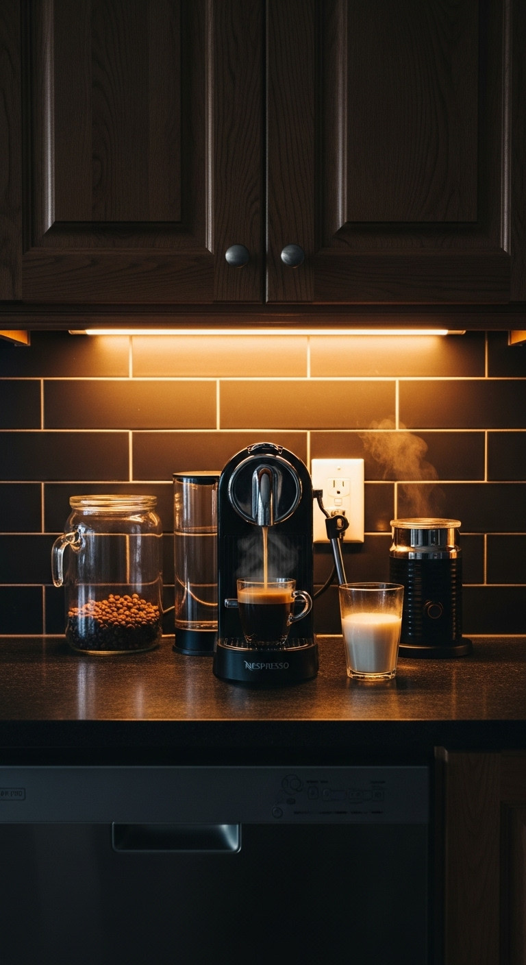Cozy Nespresso coffee station at dawn with warm LED under cabinet lighting steam from fresh coffee and milk frother on black granite