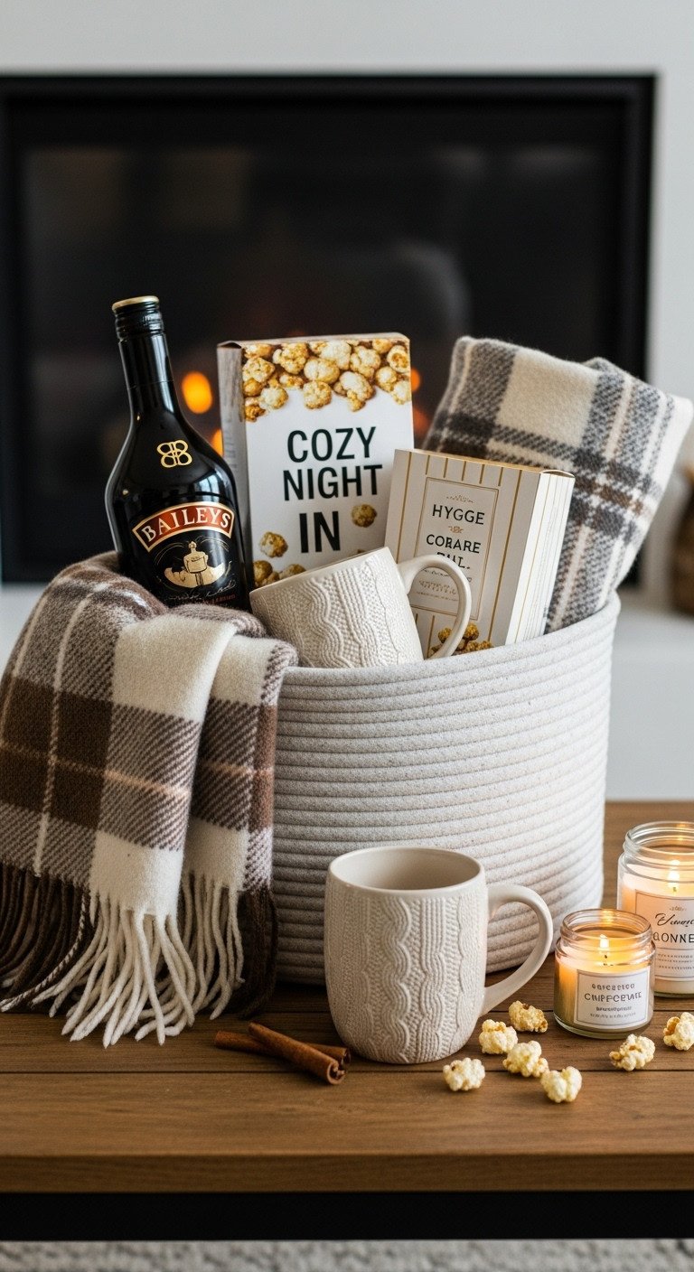 Cozy Night In Hygge Basket with Baileys knit mugs plaid blanket popcorn and candle in a felt basket on a rustic coffee table