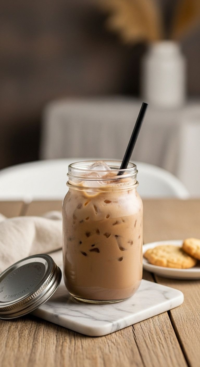 The Secret To Perfectly Creamy Nutella Iced Coffee 3 Cozy Nutella iced coffee in a mason jar with foam, ice, metal lid, napkin, cookies on rustic wood table.
