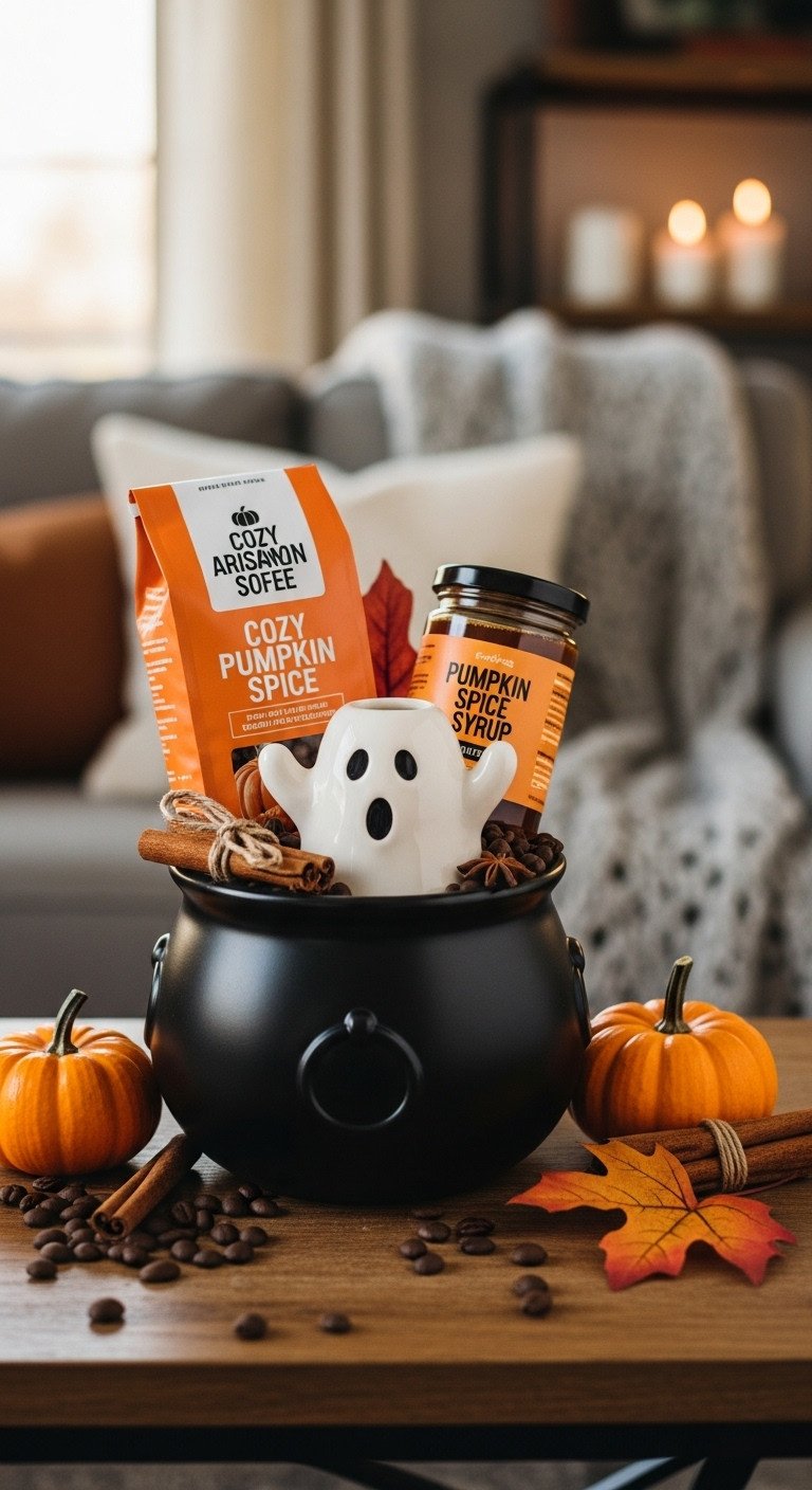 Cozy Pumpkin Spice Cauldron Halloween coffee gift basket with pumpkin spice beans, ghost mug, and syrup