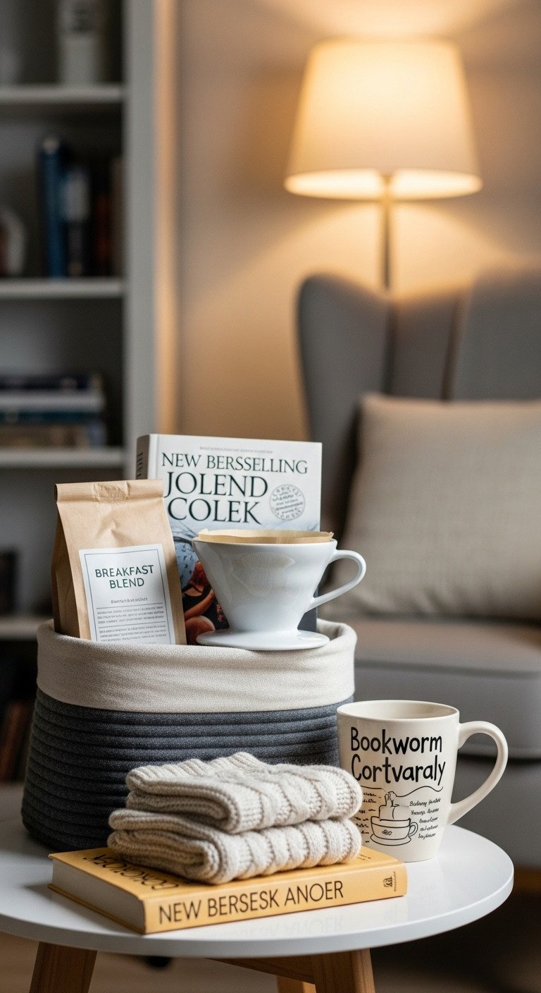 Cozy bookworm themed coffee gift basket with Breakfast Blend coffee pour-over dripper novel knitted socks and literary mug