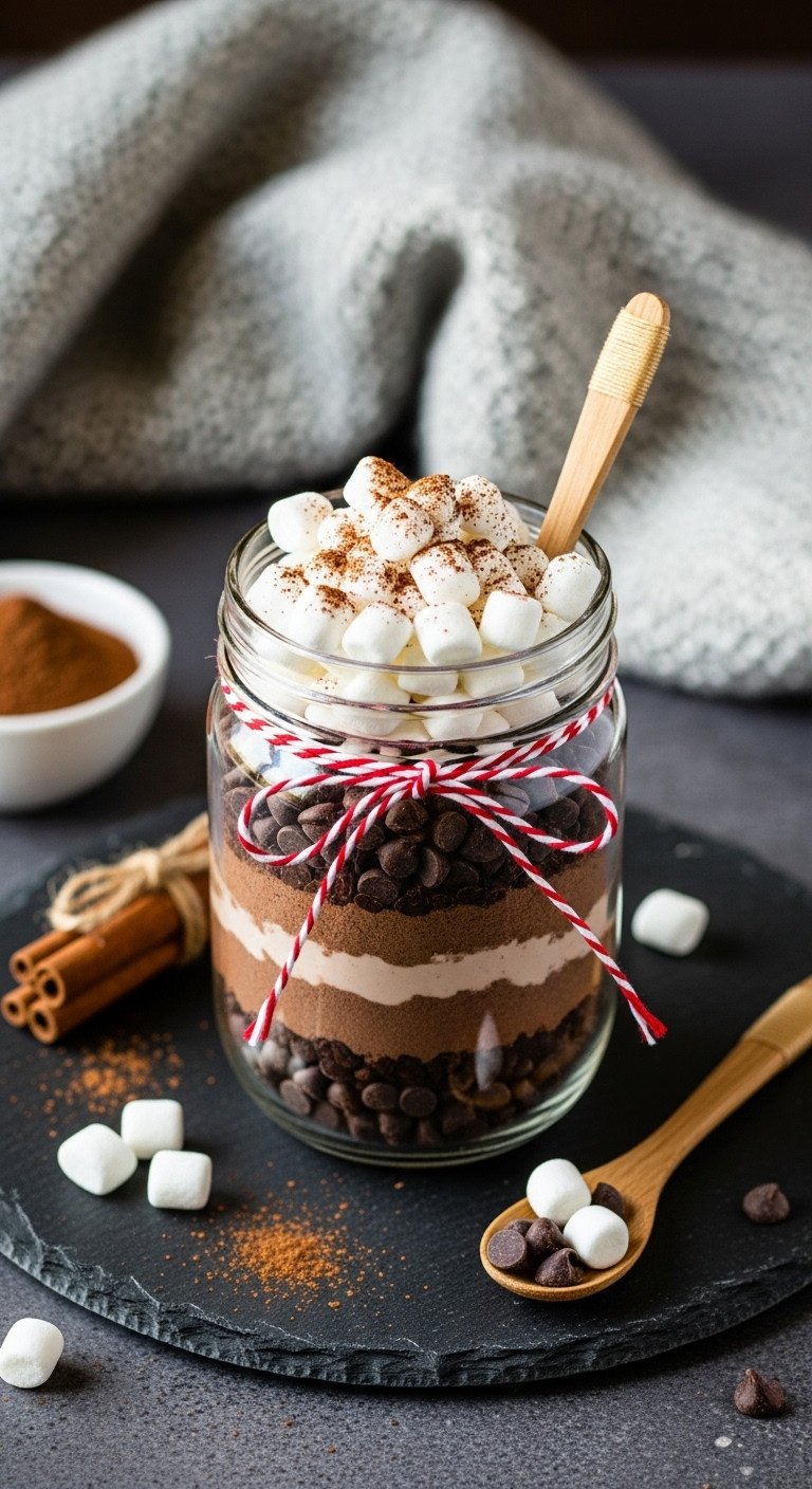 Cozy cafe mocha DIY mason jar gift with layered espresso hot cocoa chocolate chips and marshmallows on a slate surface