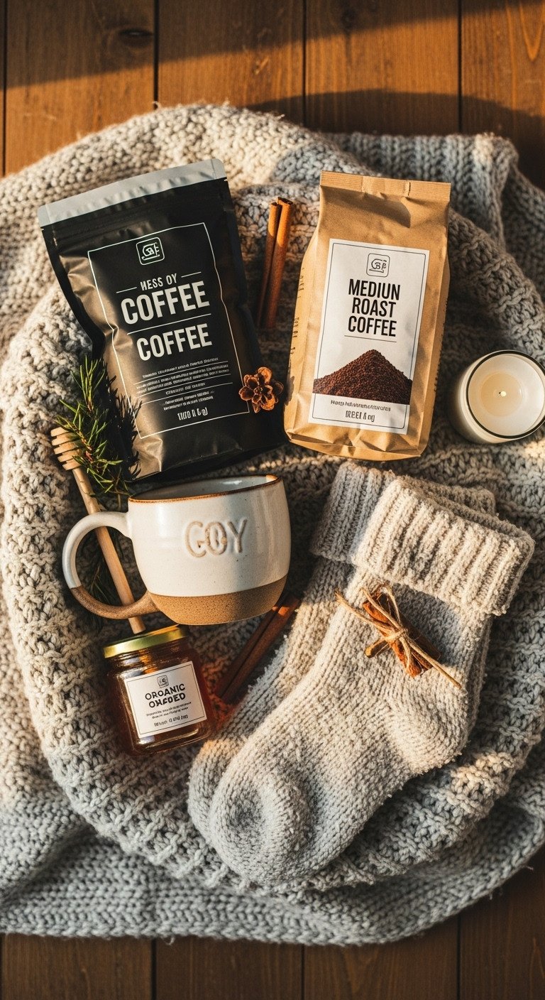 Cozy ceramic mug, medium roast coffee, organic honey, fuzzy knit socks on chunky blanket with cinnamon and candle