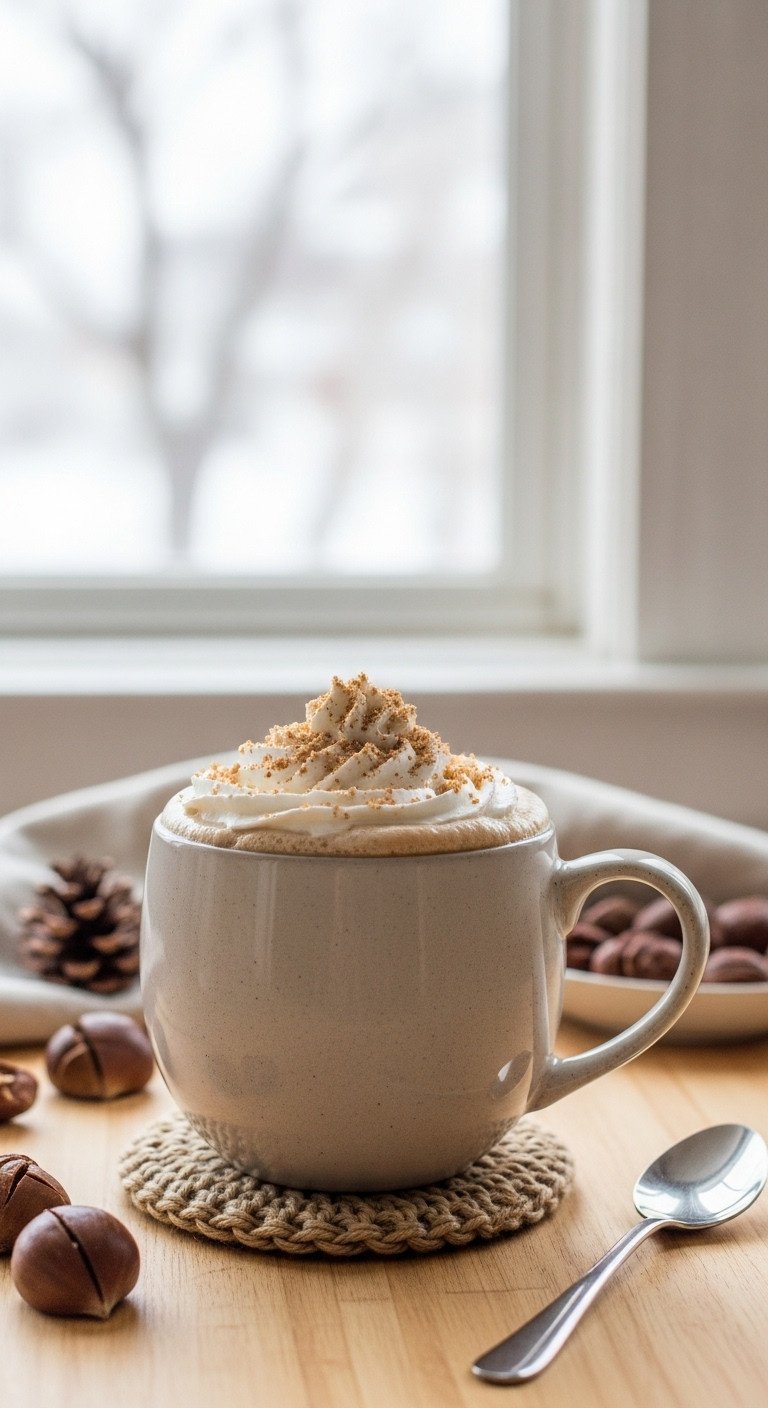 Cozy chestnut praline latte in a ceramic mug with whipped cream and praline crumbs on a knitted coaster