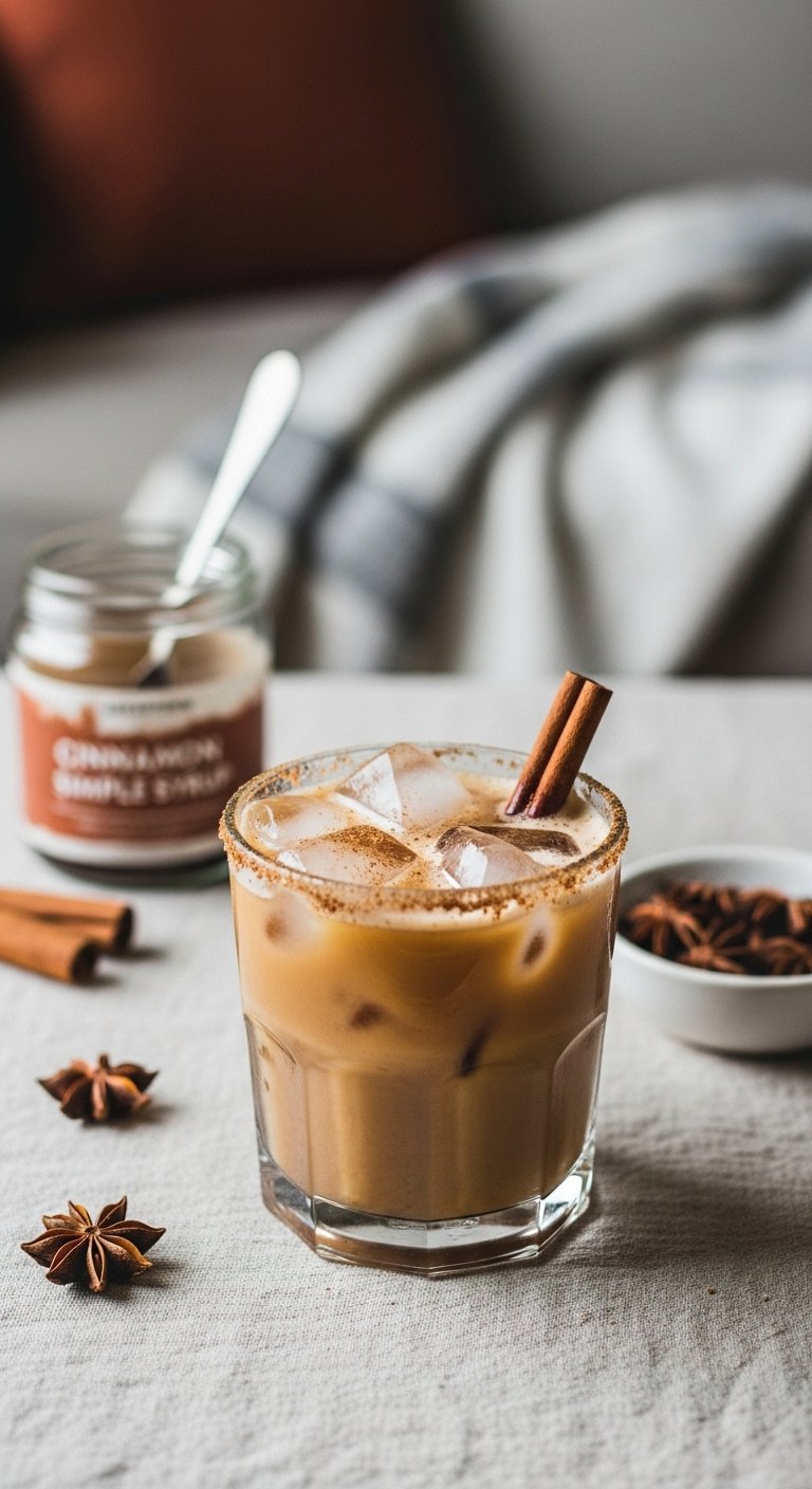The Foolproof Cold Brew Coffee Recipe For Perfect Results 9 Cozy cinnamon spiced cold brew on ice, garnished with a cinnamon stick, syrup, and star anise on a linen tablecloth.