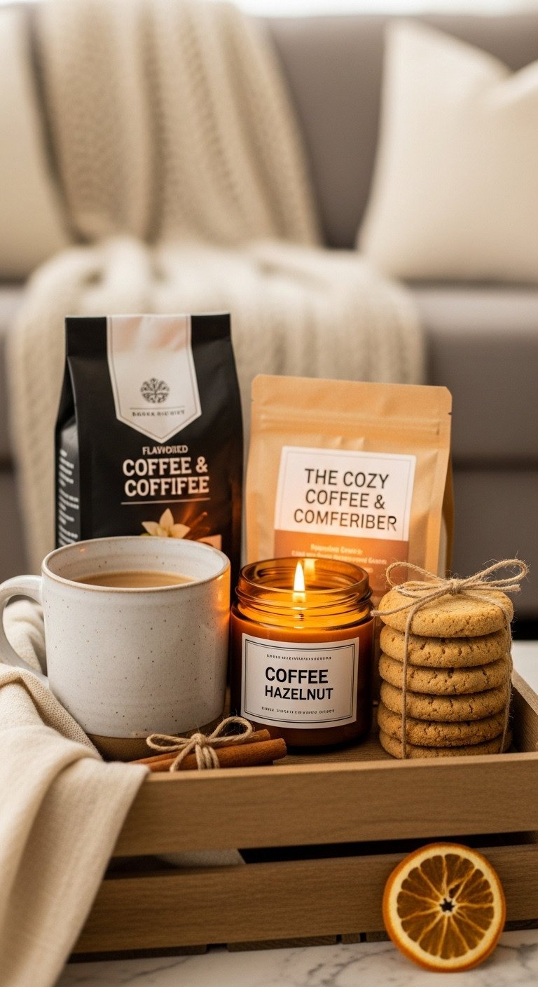 Cozy coffee and comfort housewarming gift basket with ceramic mug flavored coffee candle and homemade cookies in a wooden crate