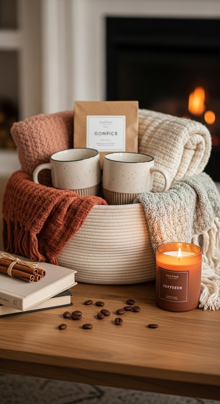 Cozy coffee corner basket with oversized mugs throw blanket and coffee scented candle on wooden table