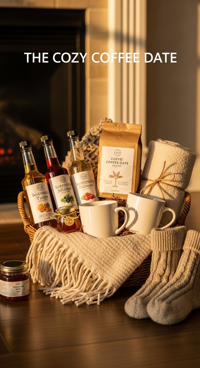 Cozy coffee date basket with blend syrups mugs and plush throw blanket by a fireplace in golden hour light