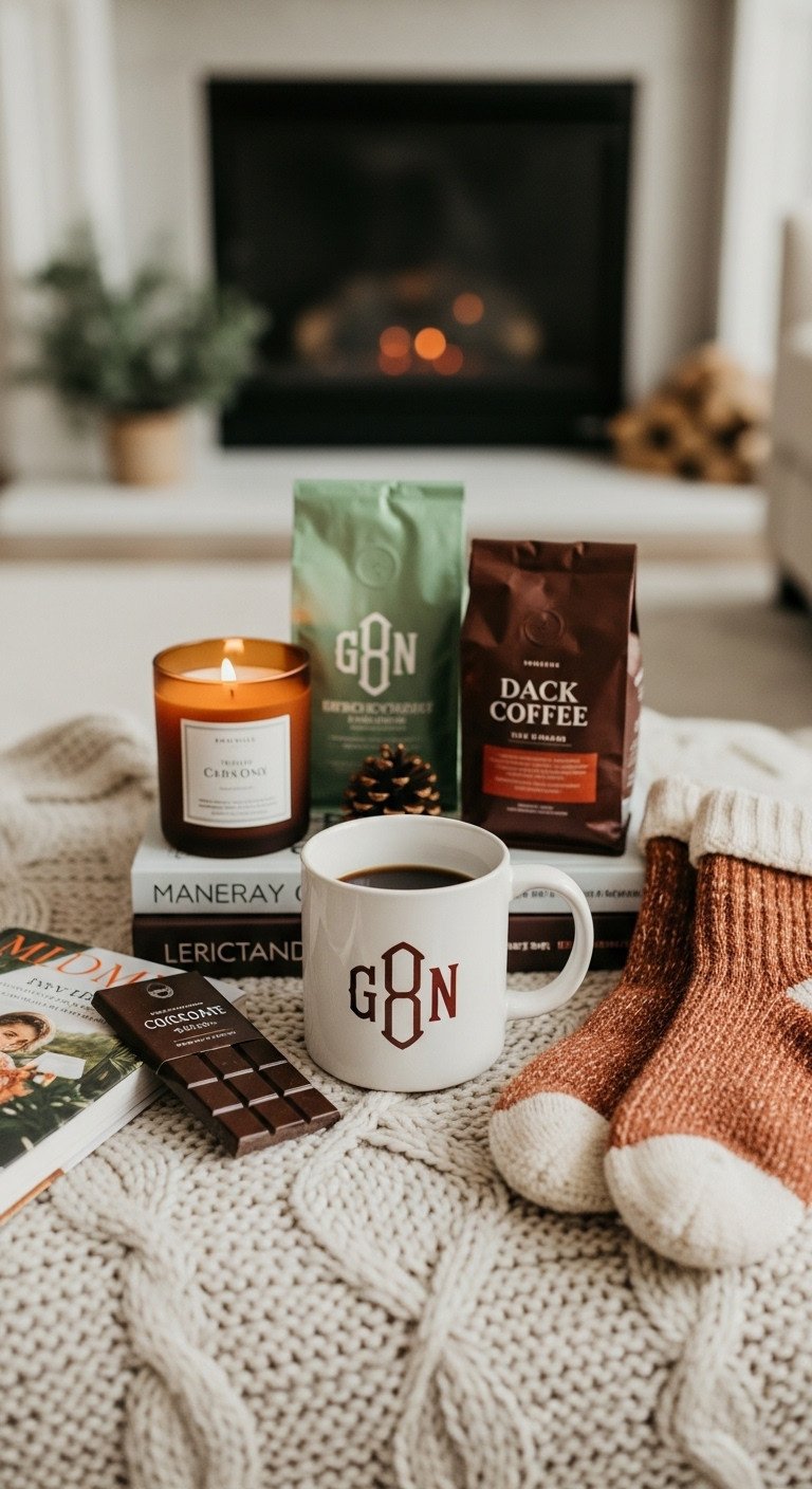 Cozy coffee gift basket with monogrammed mug dark roast coffee scented candle and dark chocolate on a knit blanket