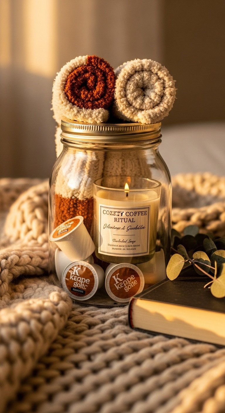 Cozy coffee ritual jar with fuzzy socks scented candle and coffee K-Cups on a knit blanket next to a book and eucalyptus