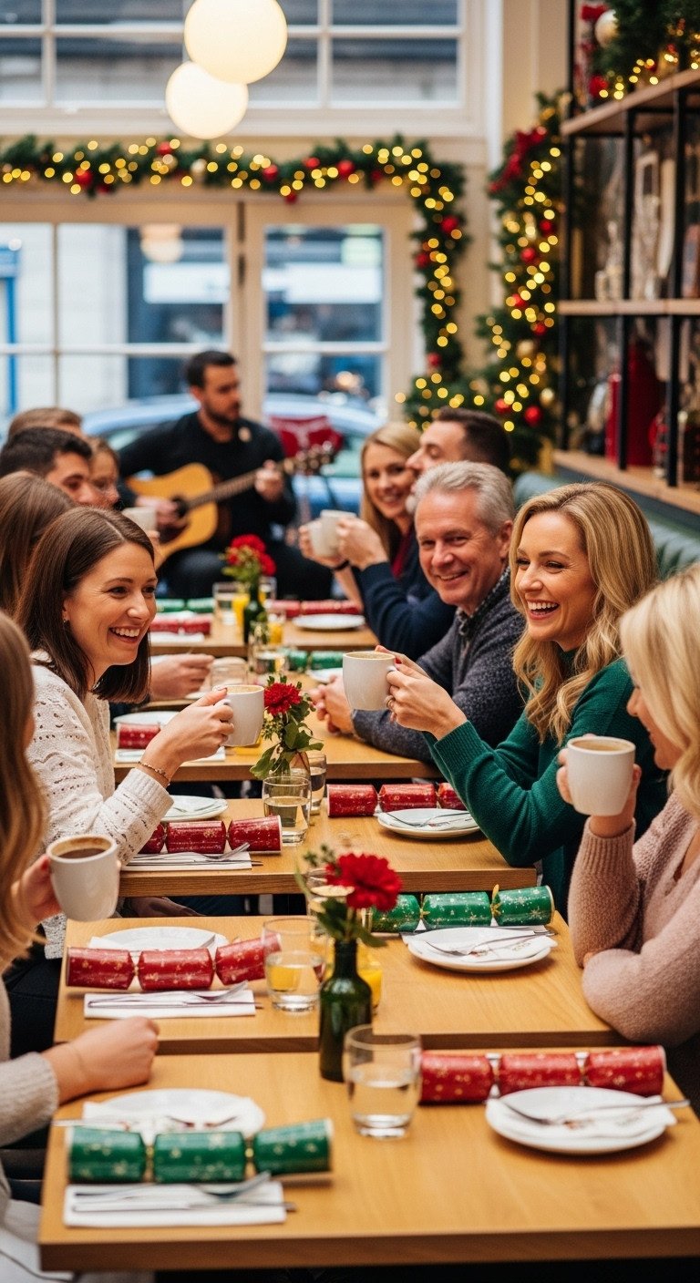 Cozy coffee shop Christmas tree bokeh holiday aesthetic Pinterest vertical photograph
